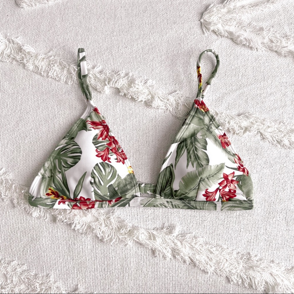 Tropical print bikini top with palm leaf pattern and flowers